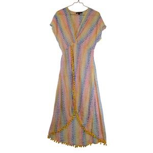 America & Beyond Rainbow Stripe Pom Pom Trim Maxi Dress Beach Cover Up Womens Lg
